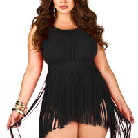 Plus Size Fringed One Piece Suit - Black, Blue or Purple