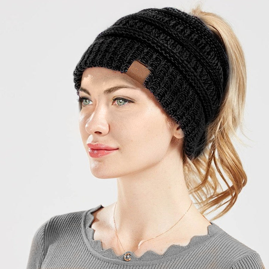 Womens Ponytail Beanie - Black, White, Pink, Mint or Beige