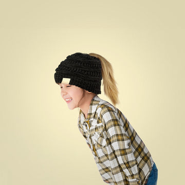 Girls Ponytail Beanie - Black, Beige, Pink, White or Mint Green