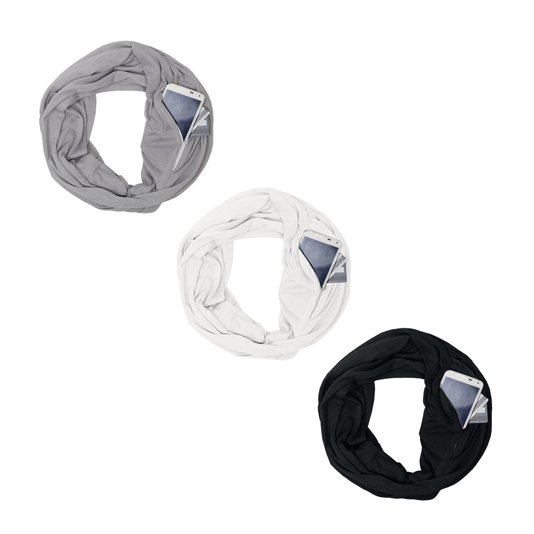 Lightweight Infinity Travel Scarf with Pockets - Gray, Black or White