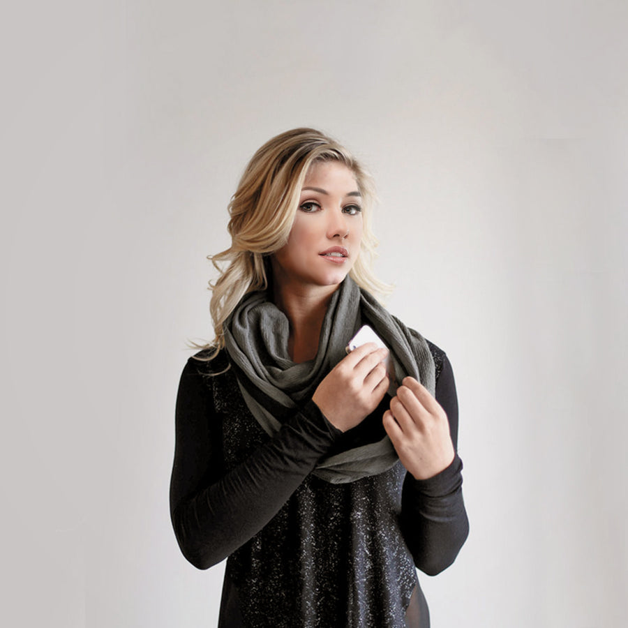 Lightweight Infinity Travel Scarf with Pockets - Gray, Black or White